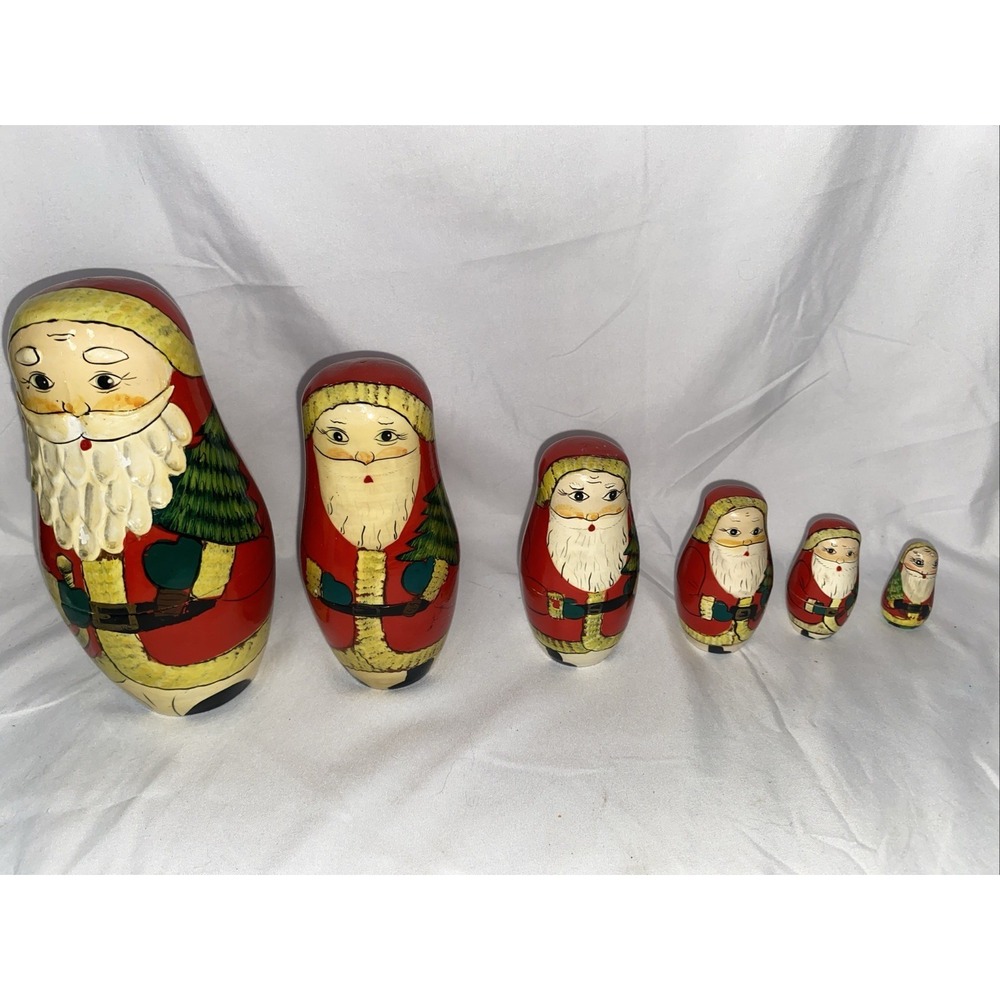 VTG~Christmas Santa Claus Nesting dolls set of‎ 6 handpainted wooden